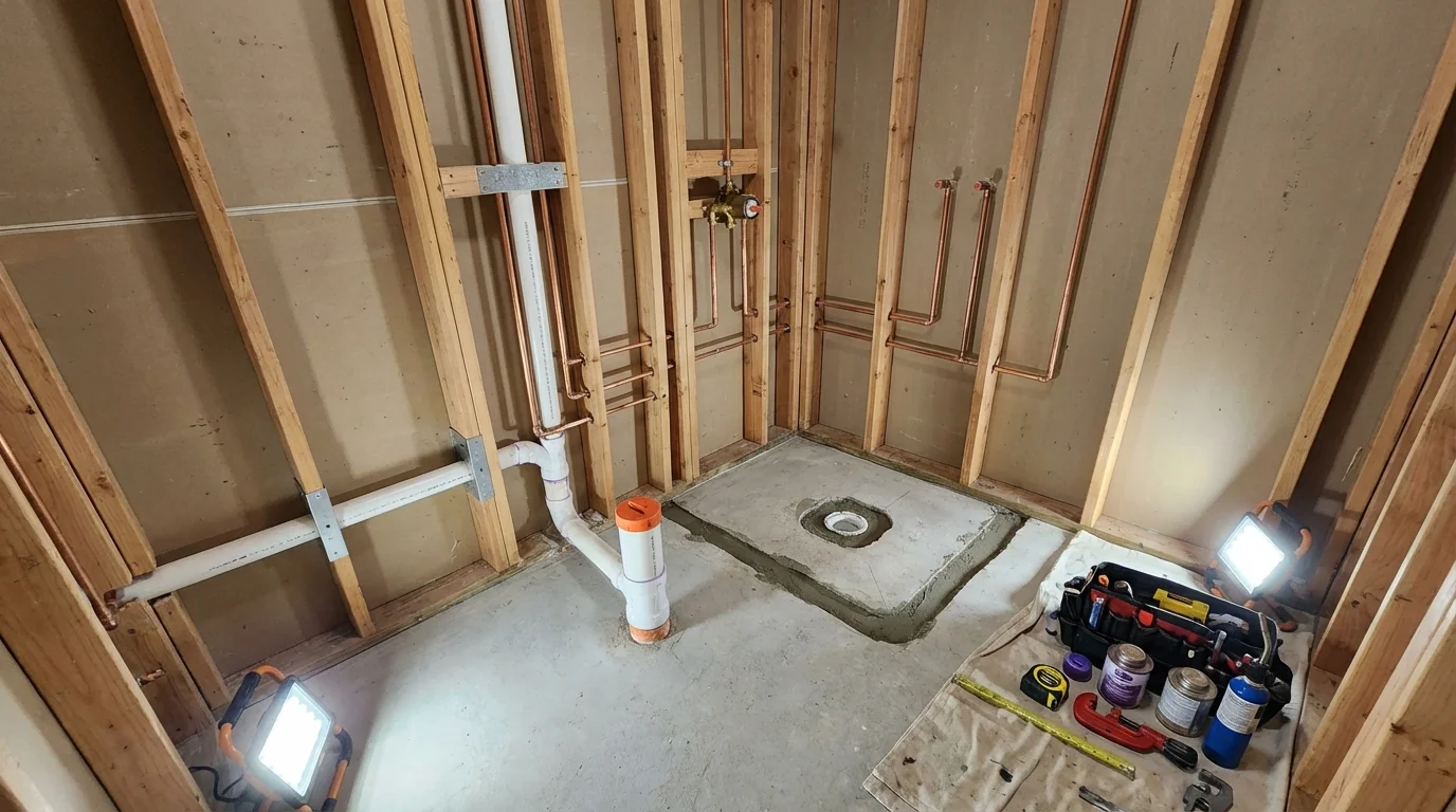 Bathroom rough-in plumbing during remodel by Johns Plumbing LLC in Clear Lake