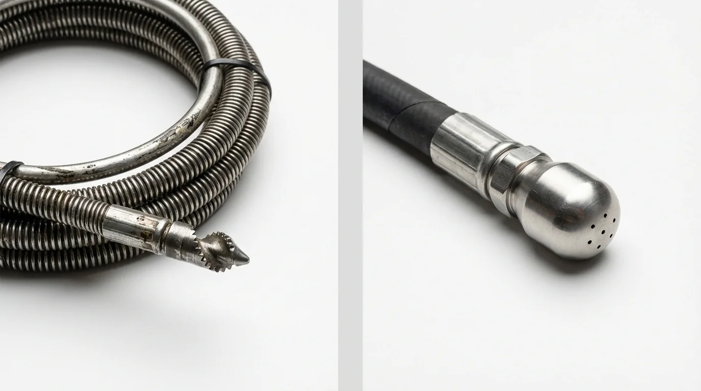 Drain snake cable and hydro jetting nozzle used for drain cleaning in Clear Lake, WI