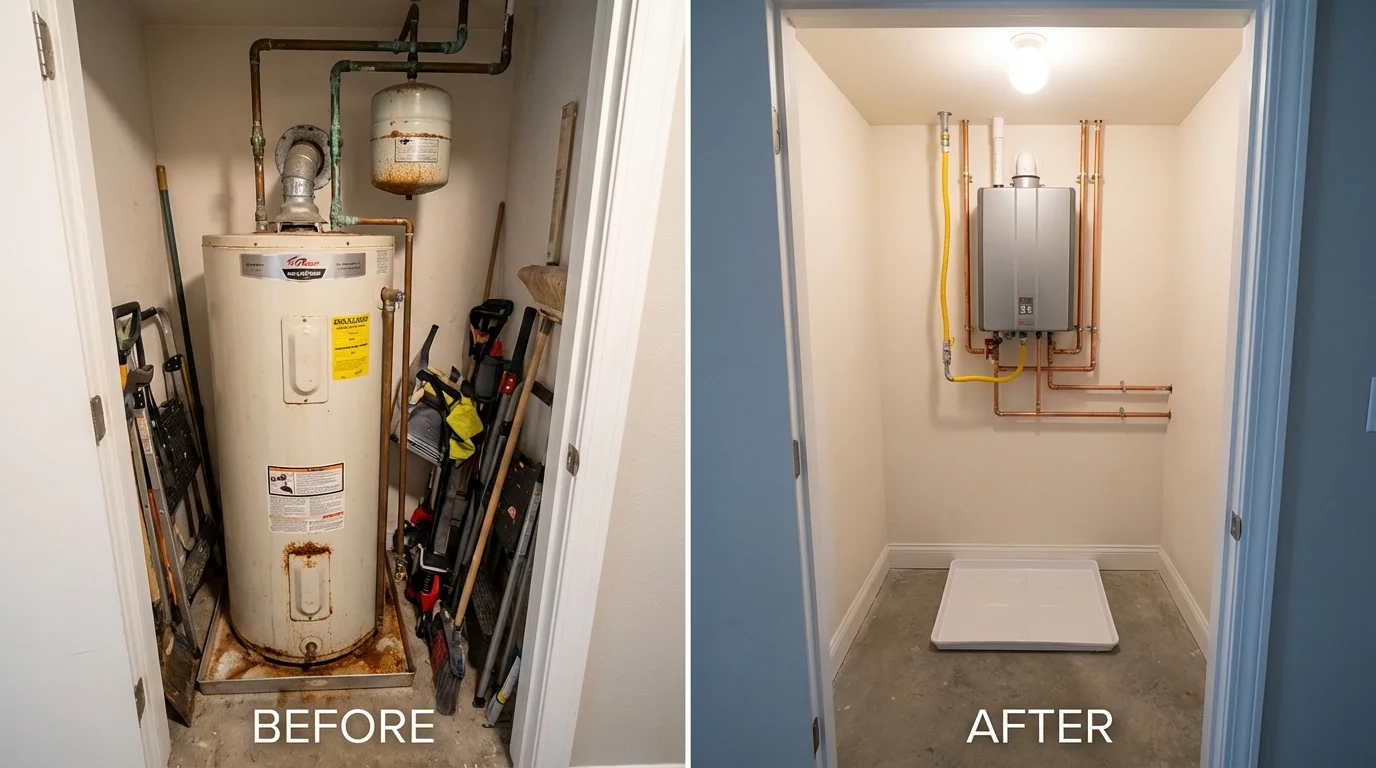 Tank water heater versus wall-mounted tankless unit comparison for Clear Lake, WI homeowners