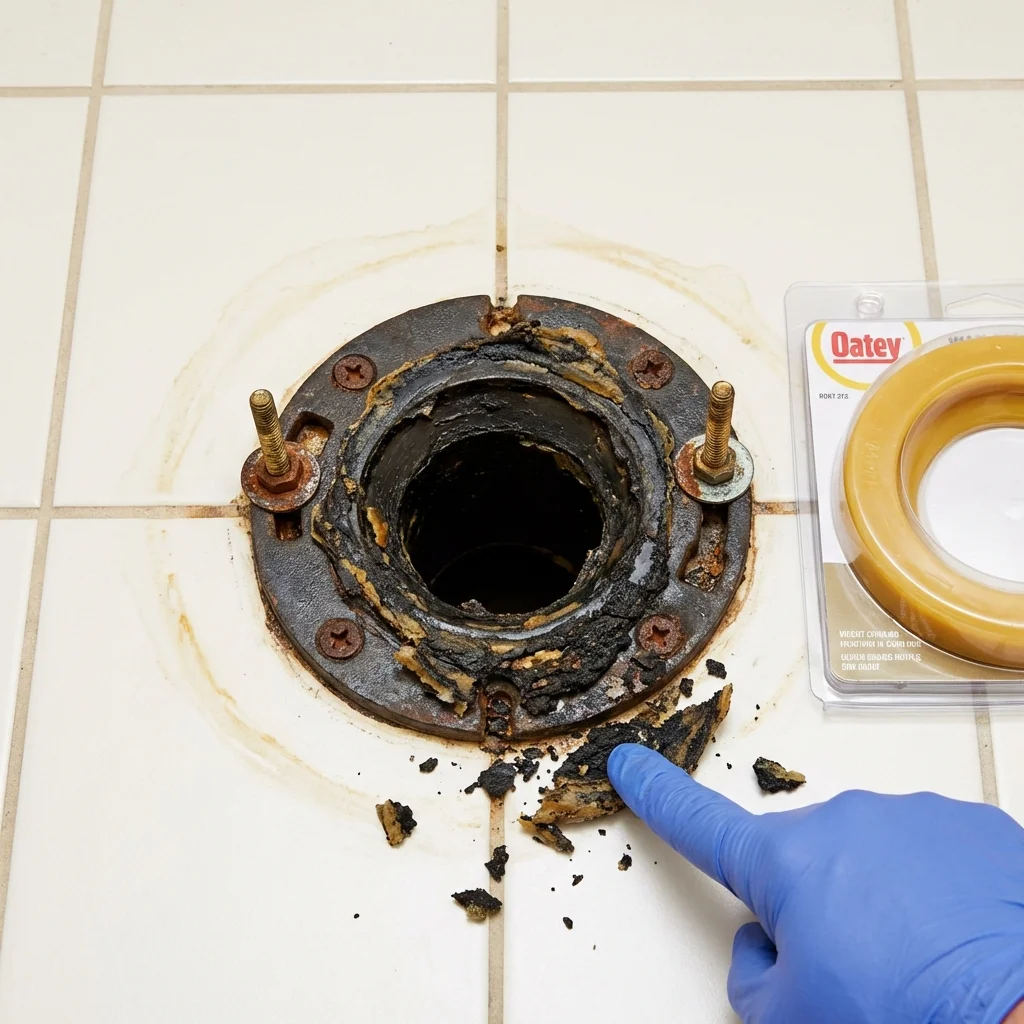 Failed wax ring showing water seepage at the base of a toilet in a Clear Lake, WI home