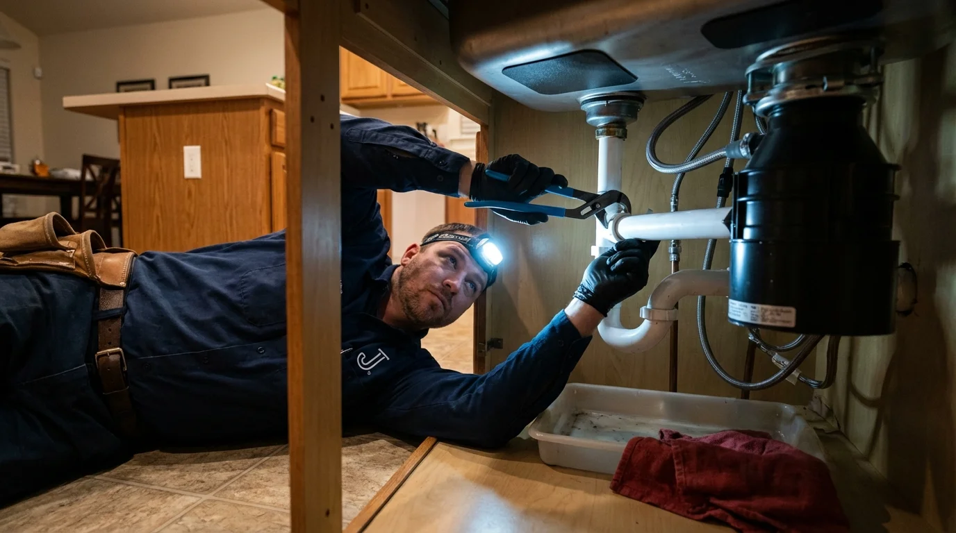 P-trap and supply line connections under a kitchen sink showing a common leak point in Clear Lake, WI